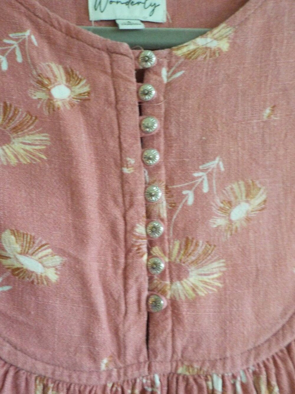 Wonderly Blouse - Small - Pink Floral Boho LINEN COTTON Puff Sleeves (2454) - Picture 3 of 7